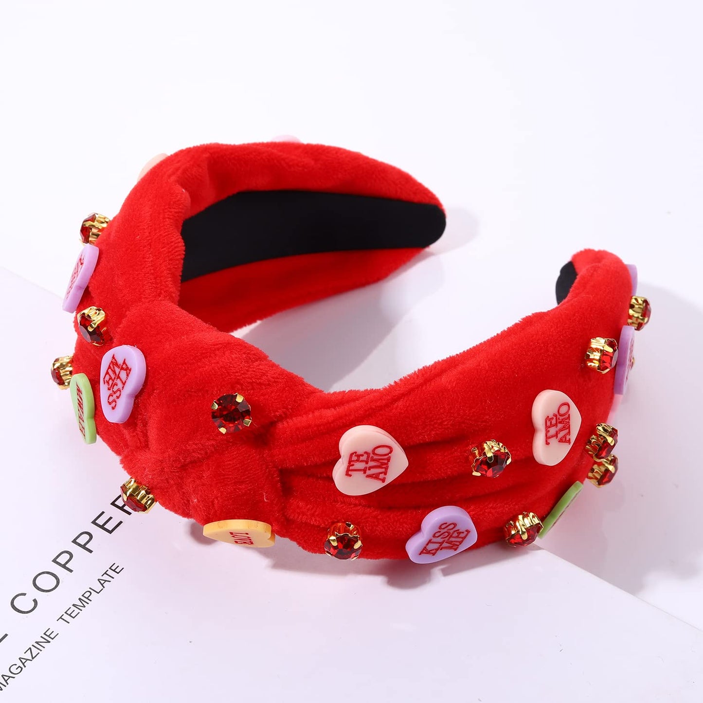 MOLOCH Pink Heart Headband for Women Rhinestone Conversation Love Heart Headbands Crystal Knotted Bejeweled Wide Velvet Fashion Hairband Valentines Day Country Concert Hair Accessories(Red)