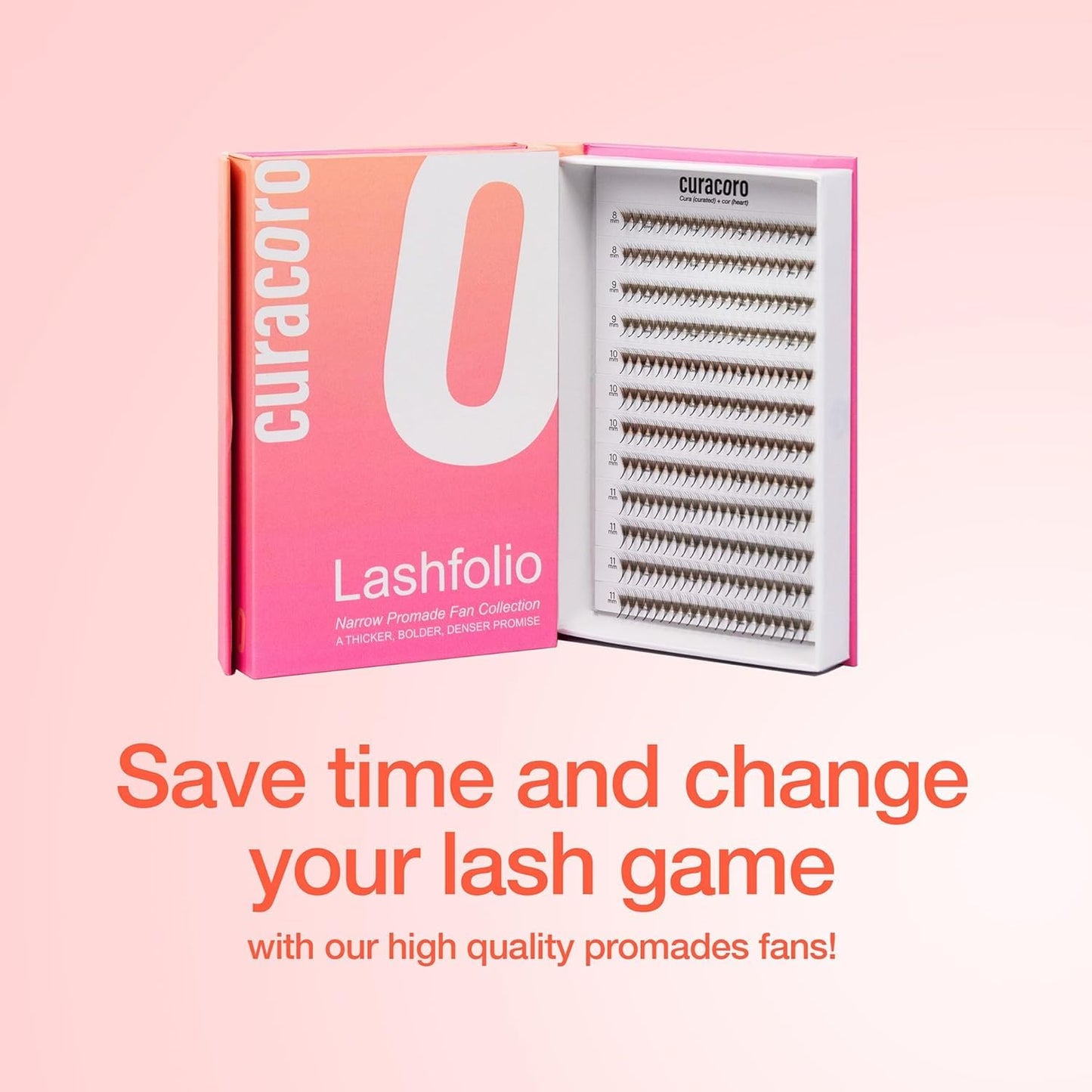 Curacoro LashFolio Narrow Promade Fans, Handmade Volume Eyelashes, 5D~10D, C CC D Curl, Thickness 0.03~0.07mm, 8-15mm Length, Professional Long-Lasting Promade Lash Fans (6D-0.07 CC, 8mm-11mm)