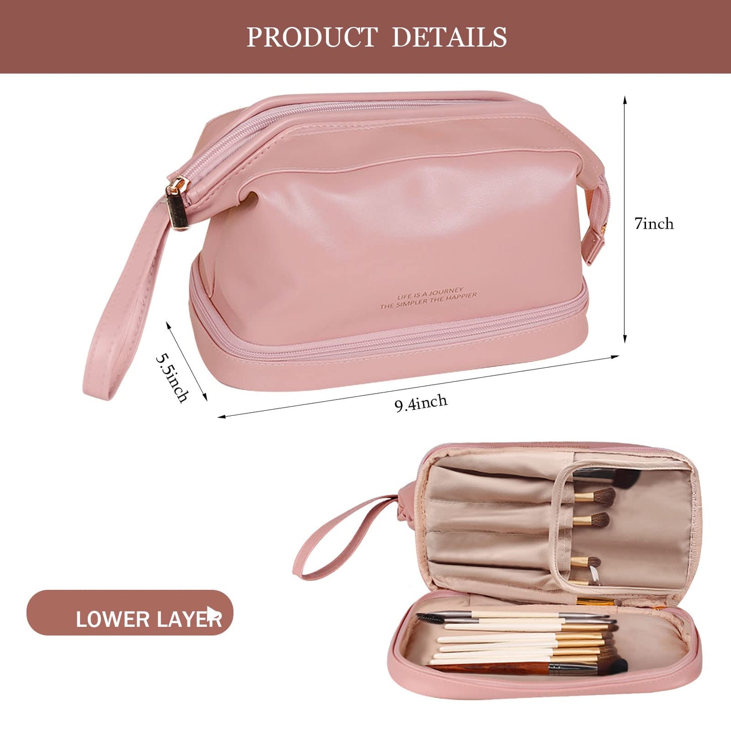 Abiudeng Large Makeup Bag,Double Layer Cosmetic Bag,Travel Makeup Bag,Leather Makeup Bag, Cosmetic Travel Bags,Portable Leather Toiletry Bag,Roomy Cosmetic Bag for Women and Girls