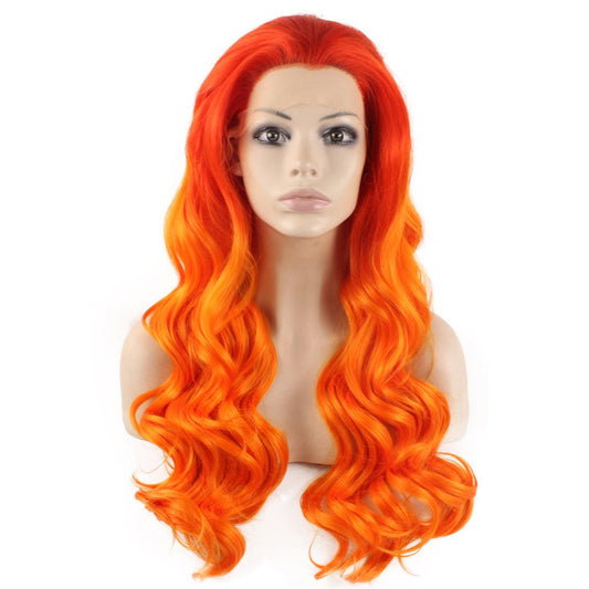 Mxangel Long Wavy Two Tone Red Orange Ombre Tone Half Hand Tied Heat Resistant Fiber Ombre Orange Stylish Wavy Natural Wig