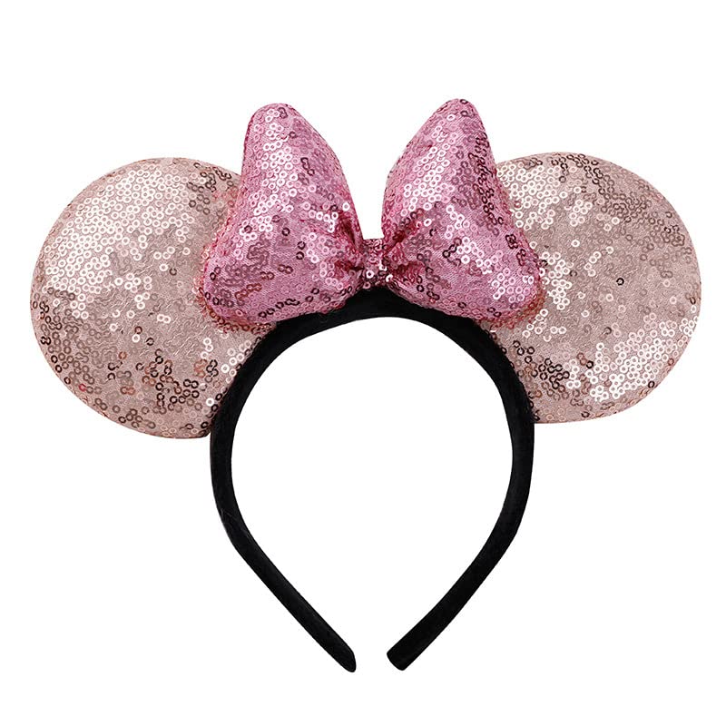 YOVECATHOU Mouse Deluxe Ear Bow Headbands Sequins Hairbands Women Hair Accessories For Cosplay Costume Party (Champagne Pink)