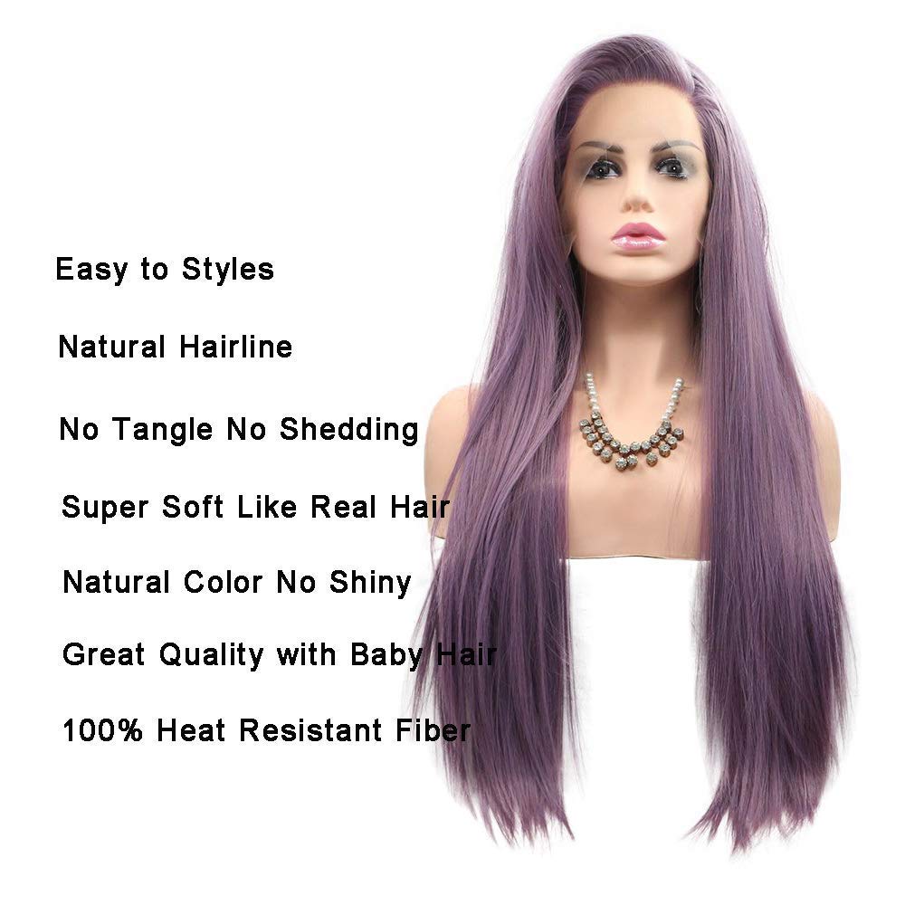 Purple Wigs Long Straight Synthetic Lace Front Wigs for Women Handmade Realistic Looking Wig Ash Lavender Side Part Glueless Wig Heat Friendly Hair Replacement Wigs Cosplay Costume Daily Wigs 24 Inch