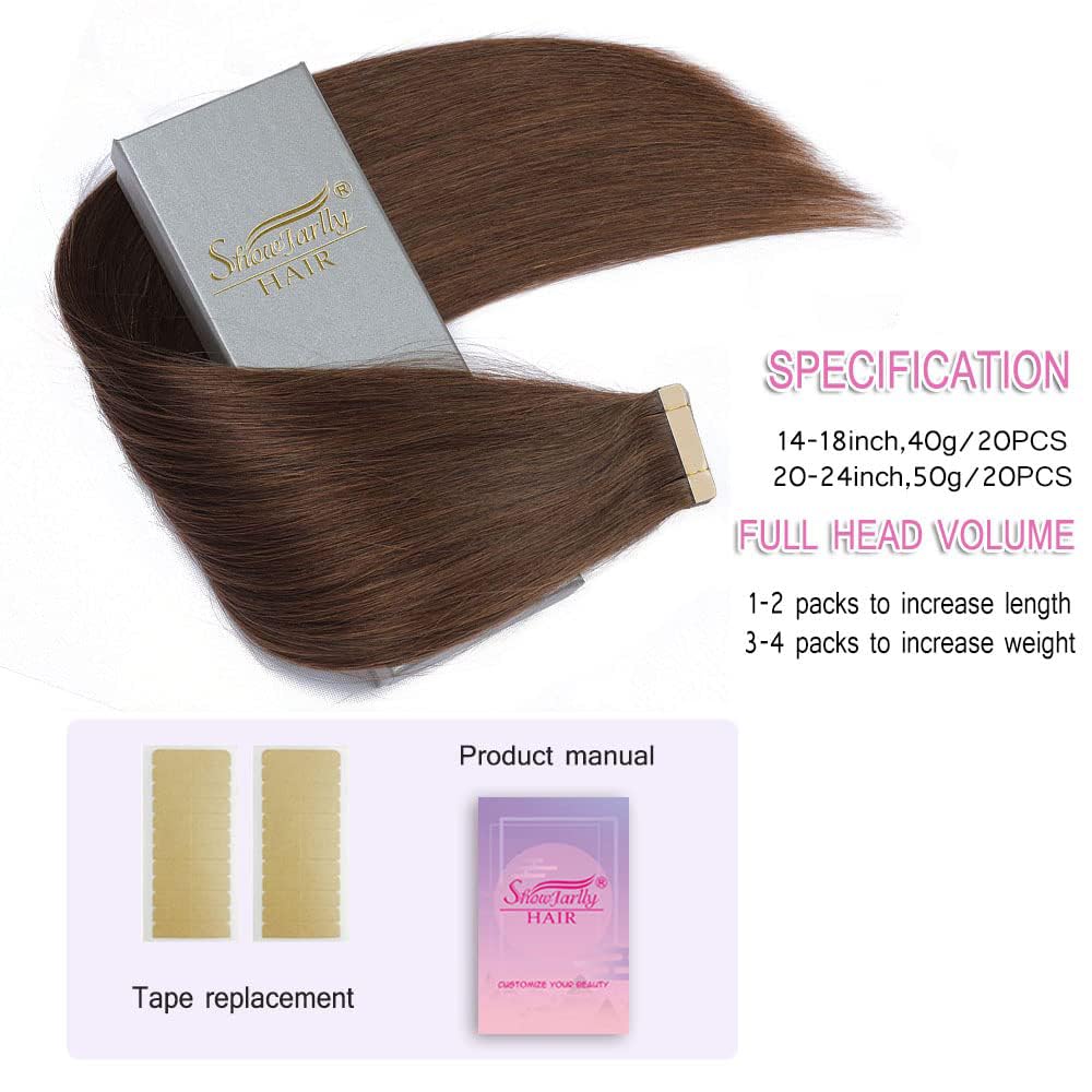 ShowJarlly Hair Extensions Real Human Hair Tape in for White Women 20pcs 14 Inches Hair Extension Tape Ins Invisible Seamless Tape Hair Extensions Human Hair Skin Weft Chocolate Brown (#4) 40g