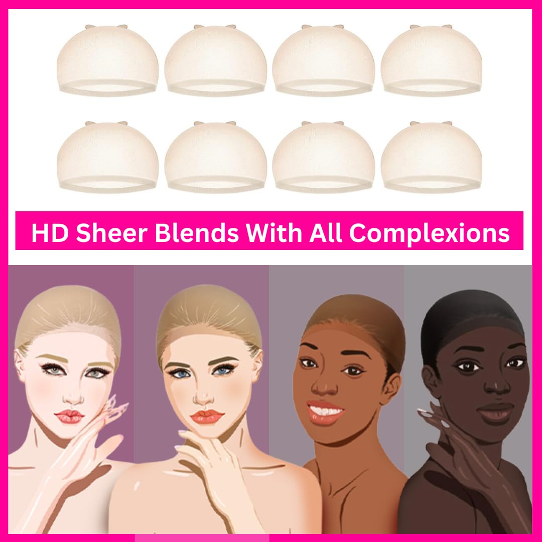 MRS GWEN HD Wig Cap 8 PCS Thin Invisible Stretch to Fit Shear Breathable Stretchy Stocking Wig Caps (4PackS is 8Pcs) Beige