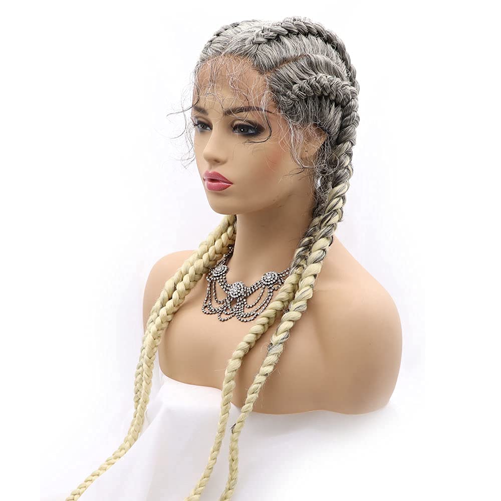 variouswig 4 Braided Wigs Realistic Hand Braided hair Lace Front Wigs Ombre gray/Grey Mix Blonde 613 Synthetic Braided Wig with Baby Hair Real Lace Wig 30 Inch