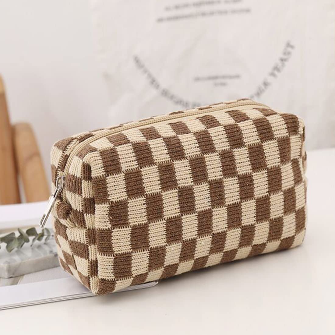 SxoSyo 2 Pcs Cosmetic Bags for Women Makeup Bag Purse Travel Toiletry Zipper Storage Pouch Make up Brushes Organizer for Gifts (Checkered, Brown 2)