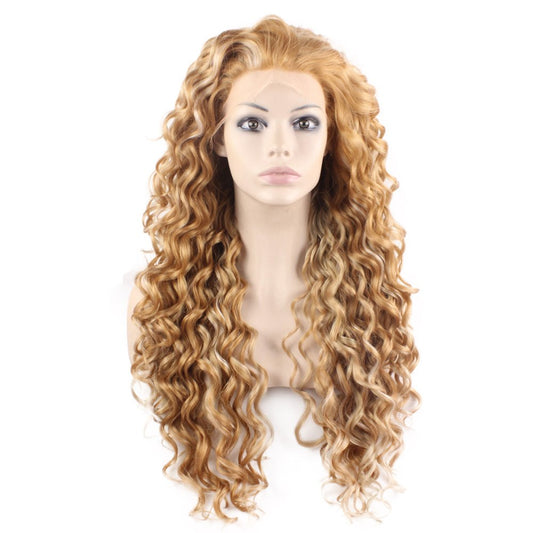 Mxangel Long Heat Resistant Synthetic Hair Highlight Blond Celebrity Stylish Curly Lace Front Wig