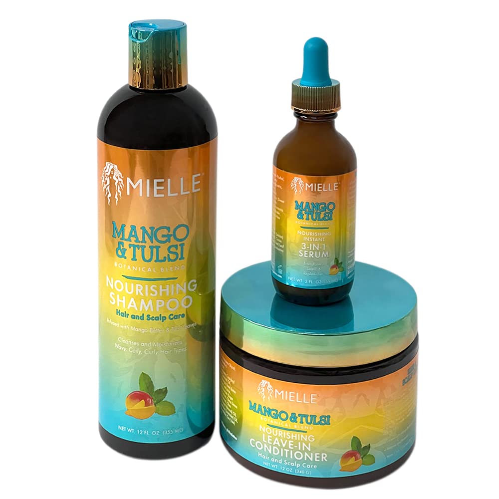 Mielle - Nourishing Botanical Bundle Set - Mango Butter & Tulsi Infused Shampoo, Leave-in Conditioner & 3-in-1 Serum - 3 PCS