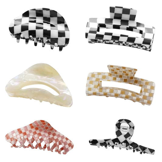 BOWEAR 6 PCS Checkered Hair Clips Black and White Checkered Claw Vintage Large Hair Jaw Strong Clip Claws Butterfly Lattice Amber Hair Barrettes for Women Girl Thin Thick Curly Straight Long Hair