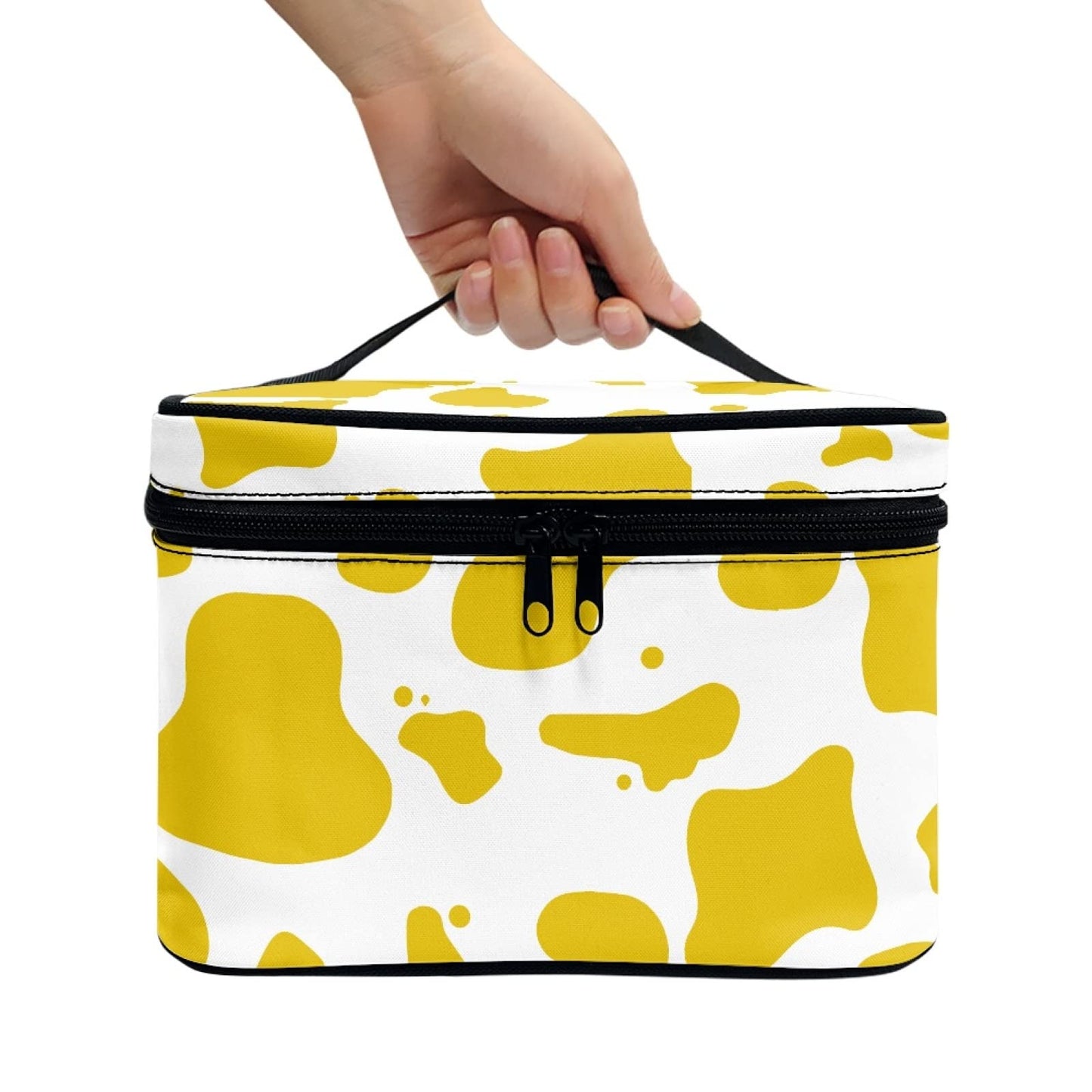 Horeset Yellow Cow Print Women's Makeup Bag Travel Portable Bag with Handle High-Capacity Shoulder Bag with Inside Pocket