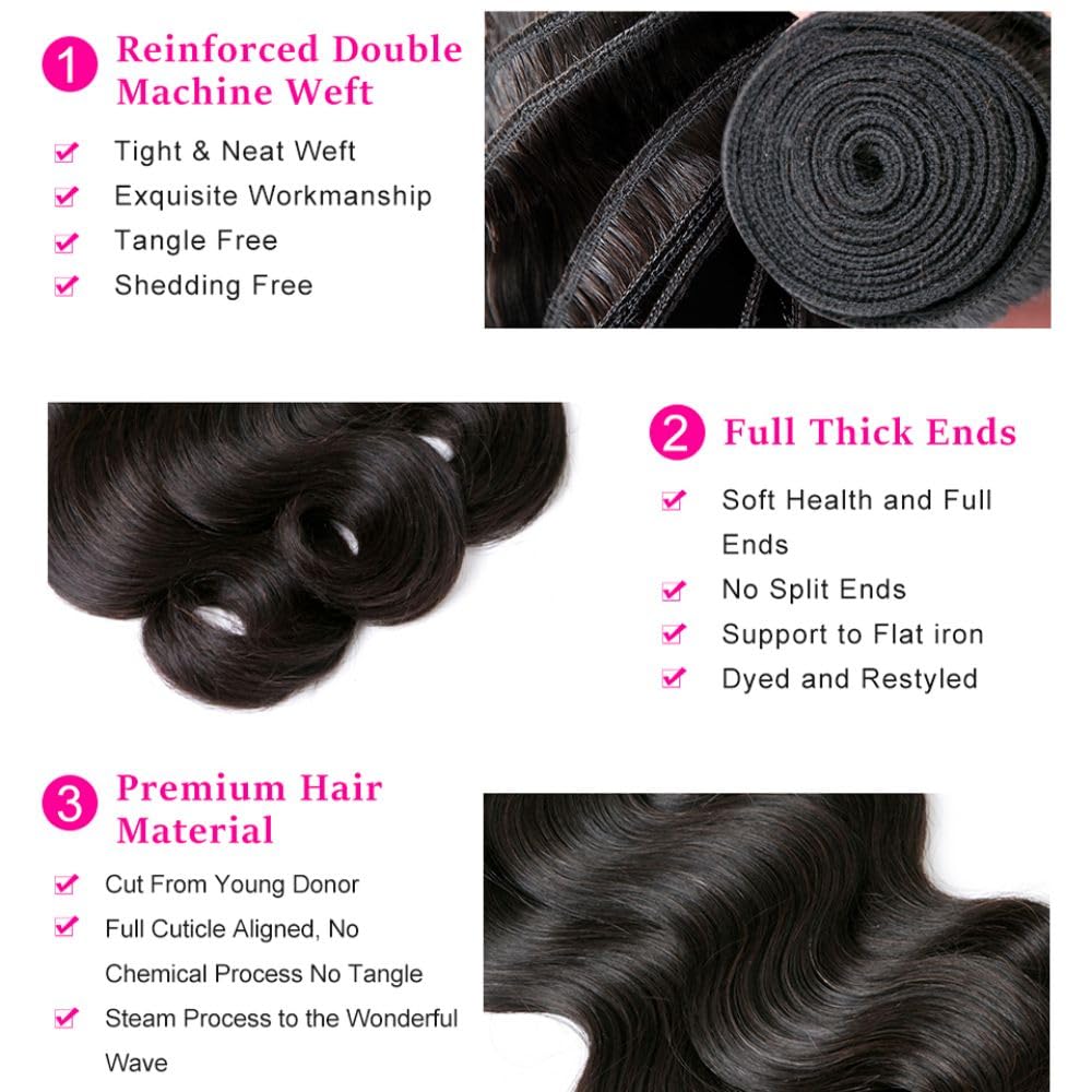 Body Wave Bundles with Closure(10/12/14+10 Free Part Closure) Human Hair 3 Bundles with Free Part Closure Human Hair Braziian Virgin Human Hair Bundles with 4x4 inch Hand-Tied Lace Closure