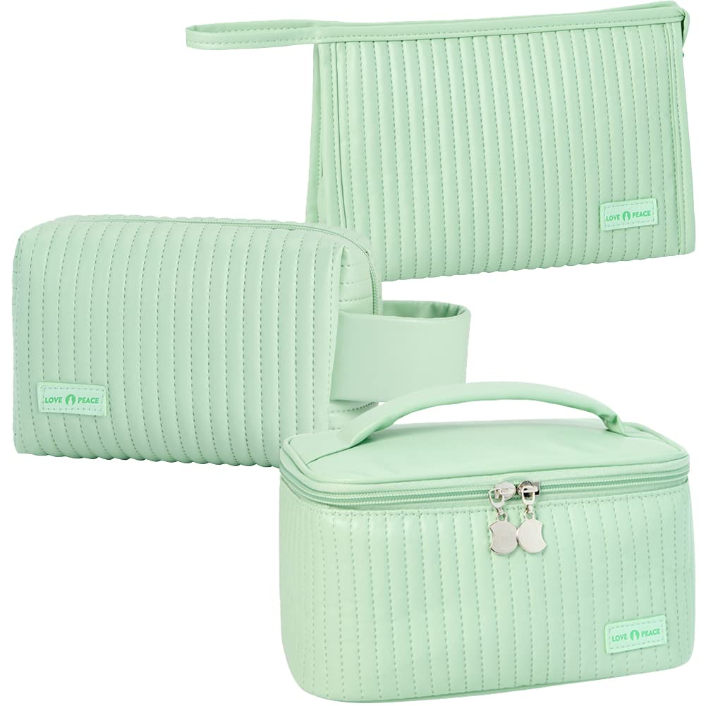 Linpr Makeup Bag 3 Pcs Cosmetic Bags Set, PU Striped Leather Toiletry Bag, Portable Waterproof Travel Makeup Organizer, Cute Make up Bags for Women and Girls (Light Green)