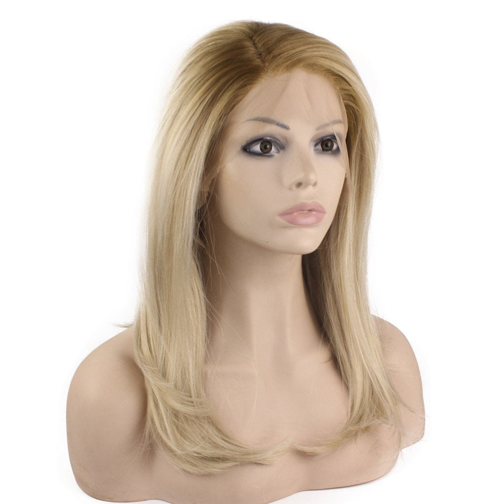 Mxangel Mid Length Straight Heat Resistant Dark Root Blond Synthetic Lace Front Wig