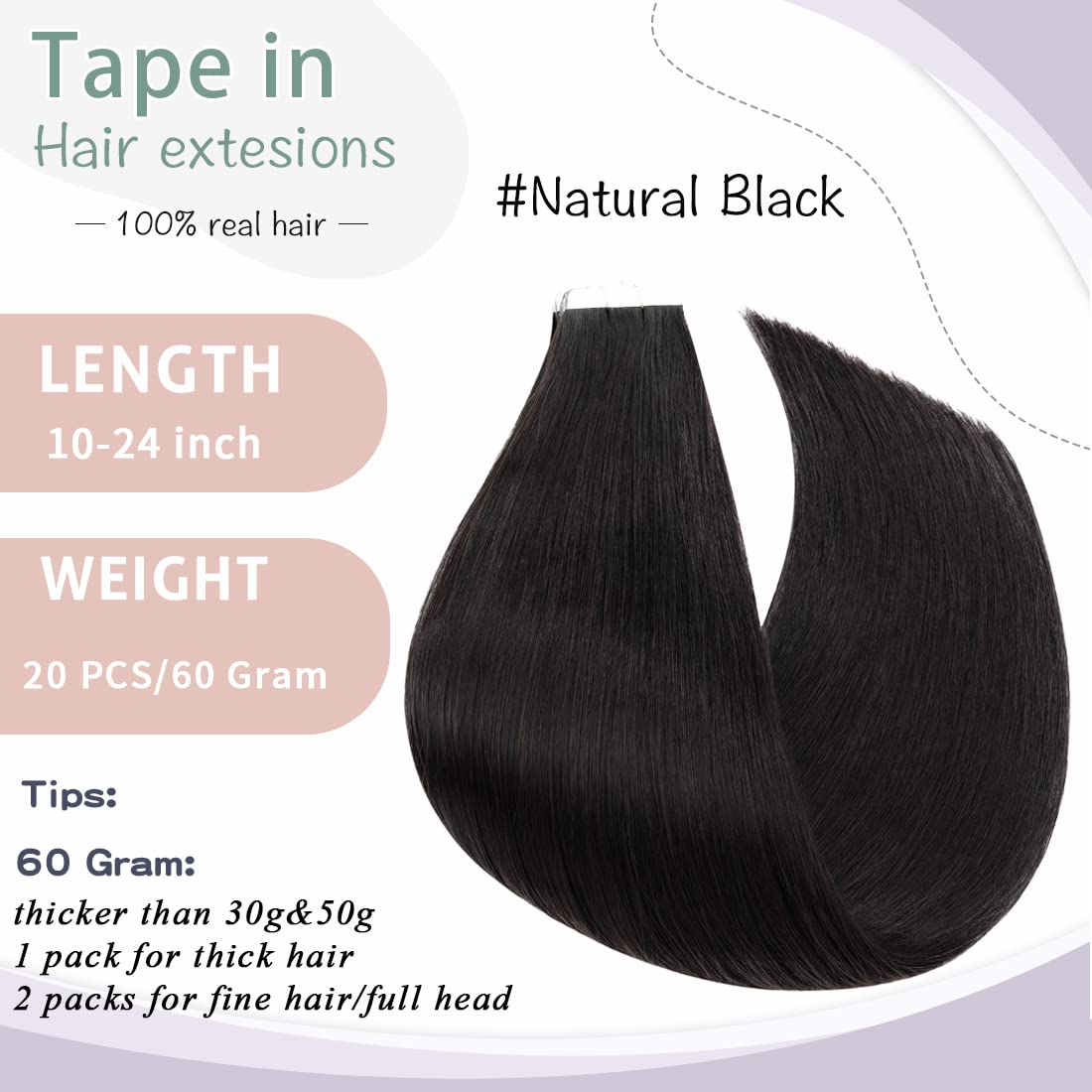 S-noilite 20Pcs 60g Tape in Hair Extensions Human Hair for Women Tape in Extensions Seamless Skin Weft Invisible Double Sided Tape Glue in Hair Silky Straight 22 Inch (#1B Natural Black)