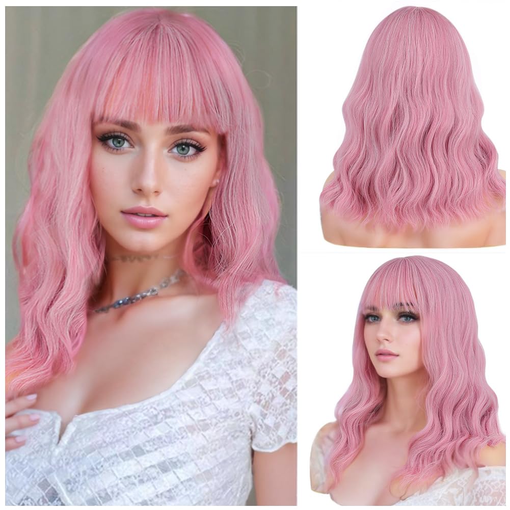 HUAISU Short Pink Curly Hair Wig with Bangs Synthetic High Density Shoulder Length Bob Wavy Wig for Women One Piece Heat Resistant Fluffy Cosplay Wig(Pink, 14inch)