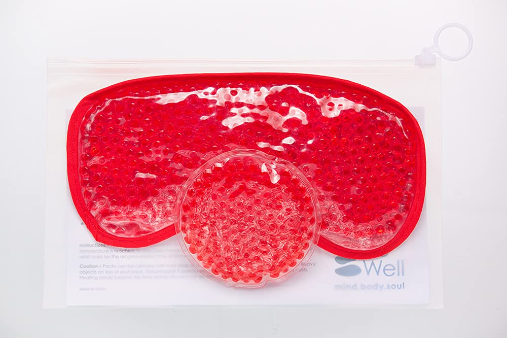 HOT +Cold Aqua Pearls Plush Eye Mask with Soft Plush Backing and Fully Adjustable Strap, Bonus Mini Round pad-2PACKS(Red, Eye Mask+ Mini Round Pad)