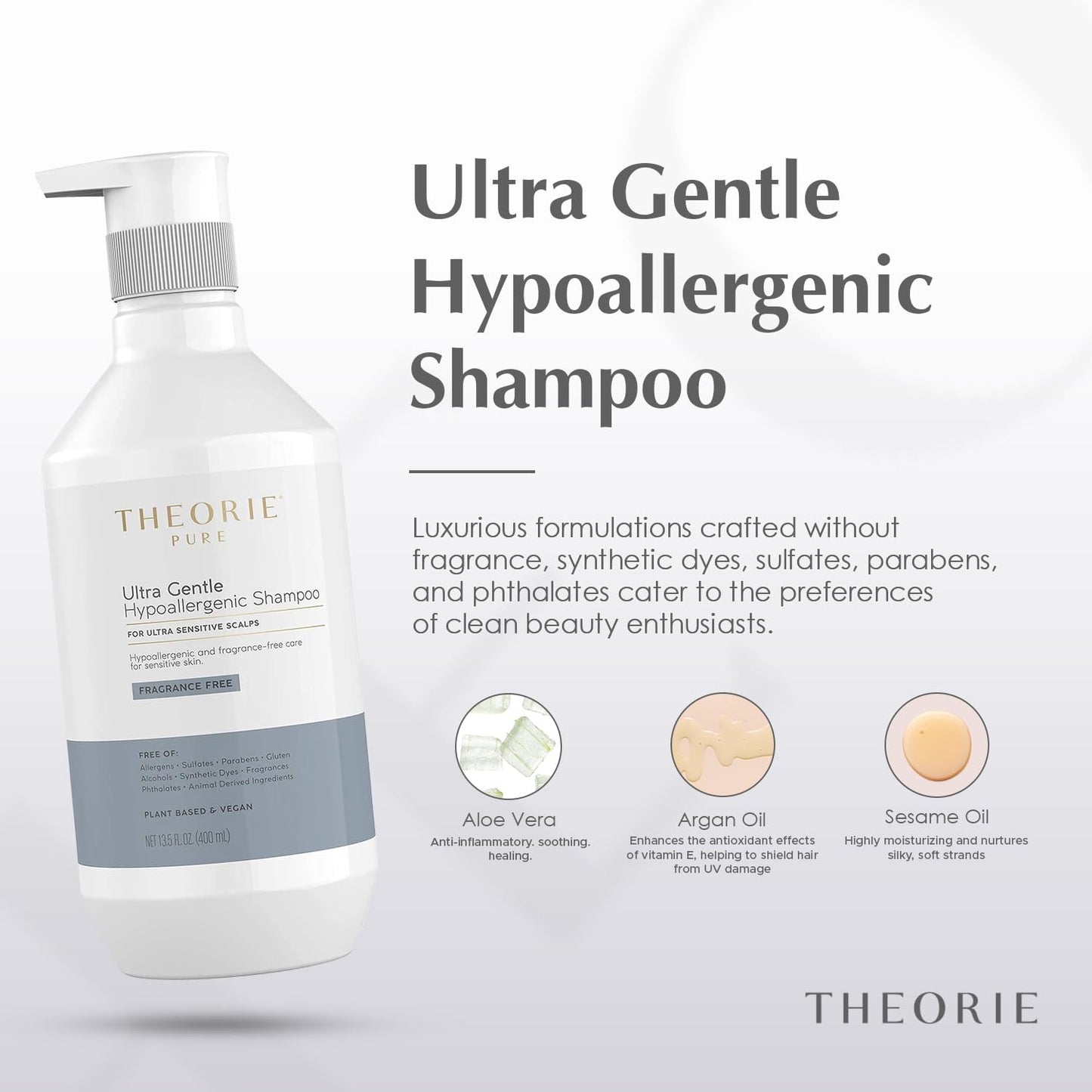 Theorie Pure Ultra Gentle Hypoallergenic Shampoo - Conditions & Soothes Itchy & Allergy Prone Skin - Fragrance-Free - Suited for Ultra Sensitive Scalp, Pump Bottle 400mL