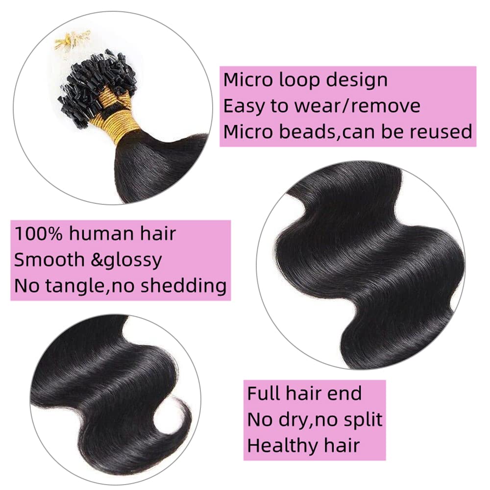 Body Wave Micro Loop Hair Extensions Human Hair 100G YiXing Microlink Human Hair Extensions for Black Women Bead Hair 100 Strands ,1G/Strand Micro Loop Ring Hair Extension Wavy Brazilian Hair 10Inch