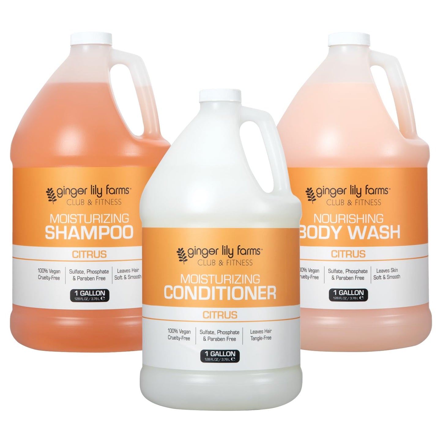 Ginger Lily Farms Club & Fitness Shampoo + Conditioner + Body Wash Bundle, Citrus, 1 Gallon Each