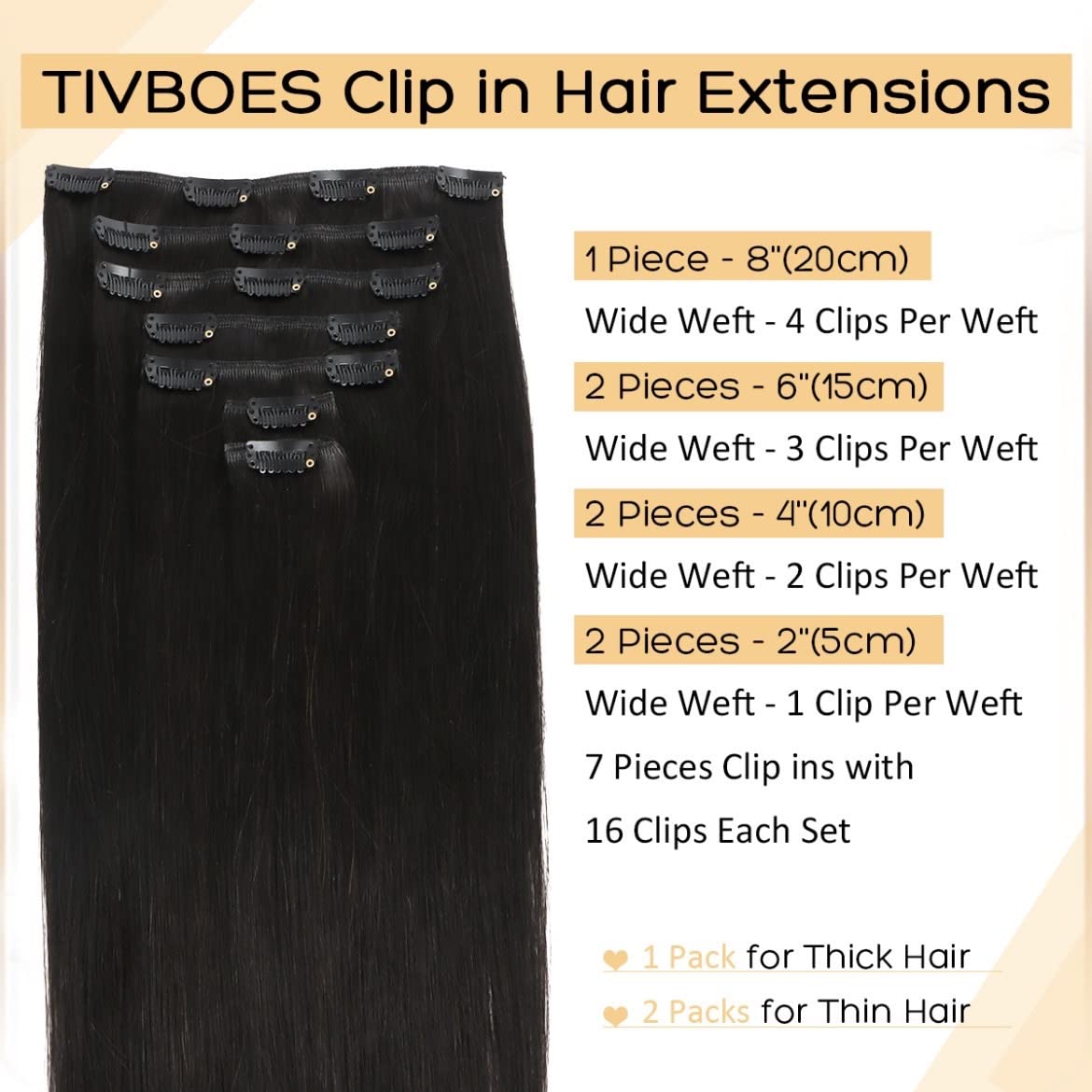 TIVBOES Clip in Hair Extensions, 20 inch 120g Natural Black in Hair Extensions Real Human Hair 7pcs Straight Double Weft Human Hair Clip in Hair Extensions