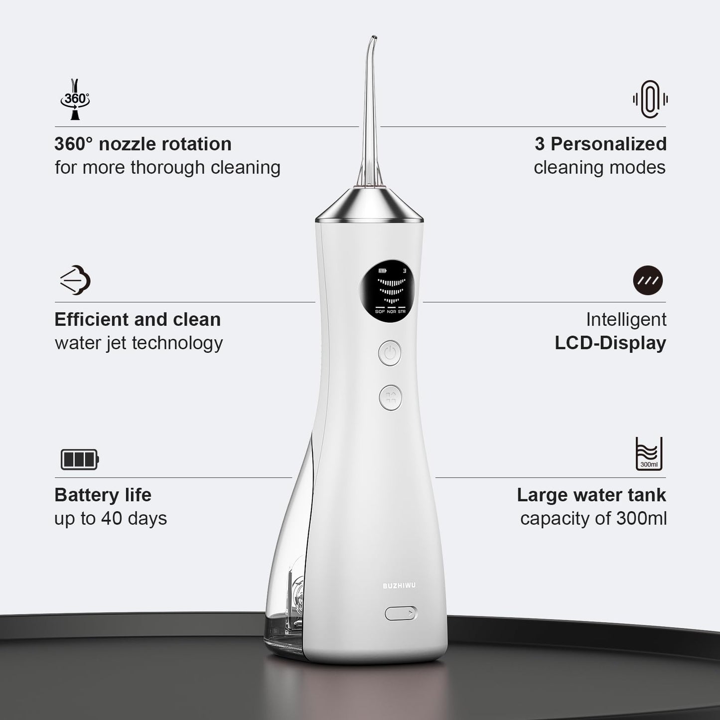 BUZHIWU Water Dental Flosser Teeth Pick: Portable Cordless Oral Irrigator 300ML Rechargeable Travel Irrigation Cleaner IPX7 Waterproof Electric Flossing Machine for Teeth Cleaning RF-001