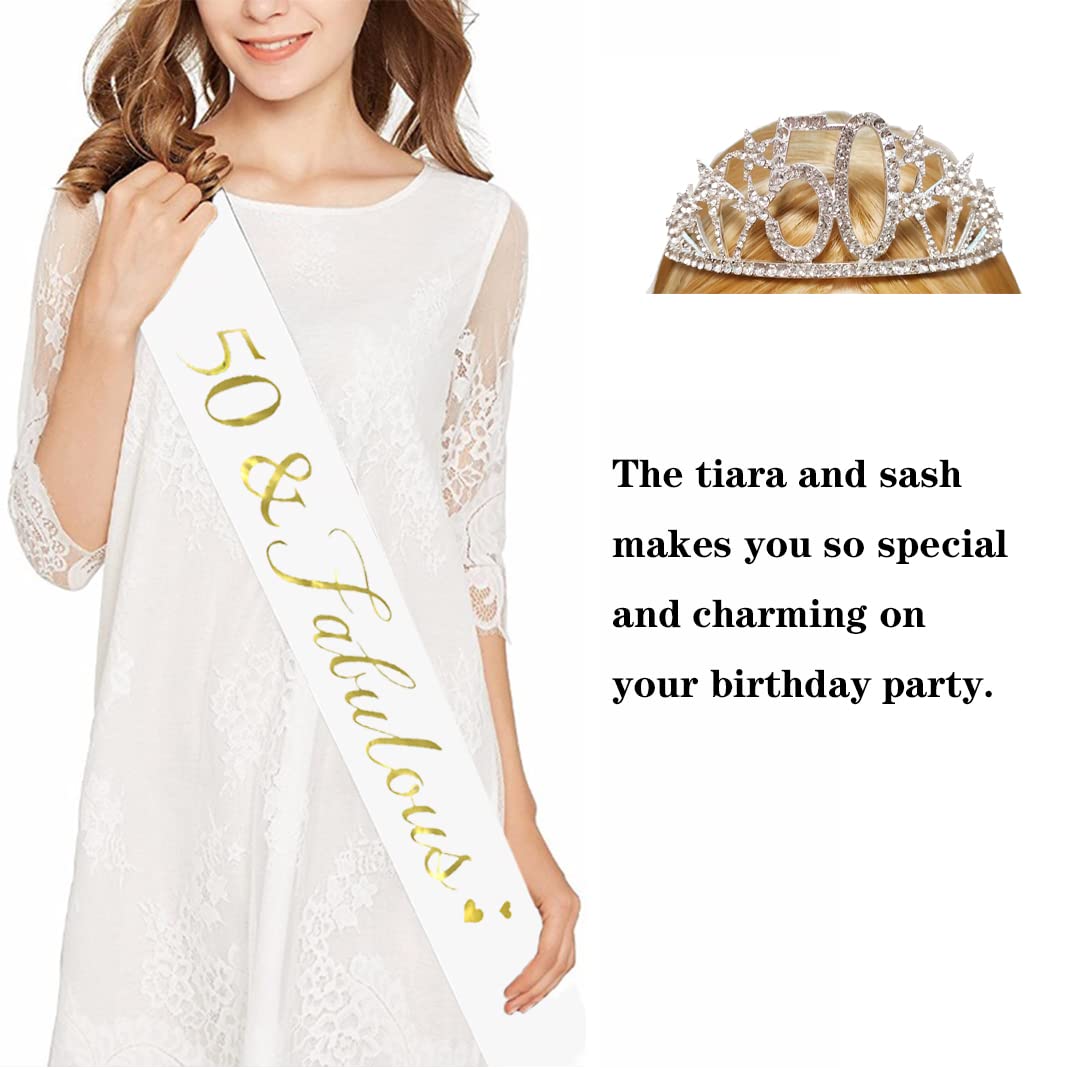 Happy 50th Birthday Tiara and Sash Gifts Crystal Rhinestone Princess Crown Birthday Queen Party Favor Supplies Silver Crowns White Sash