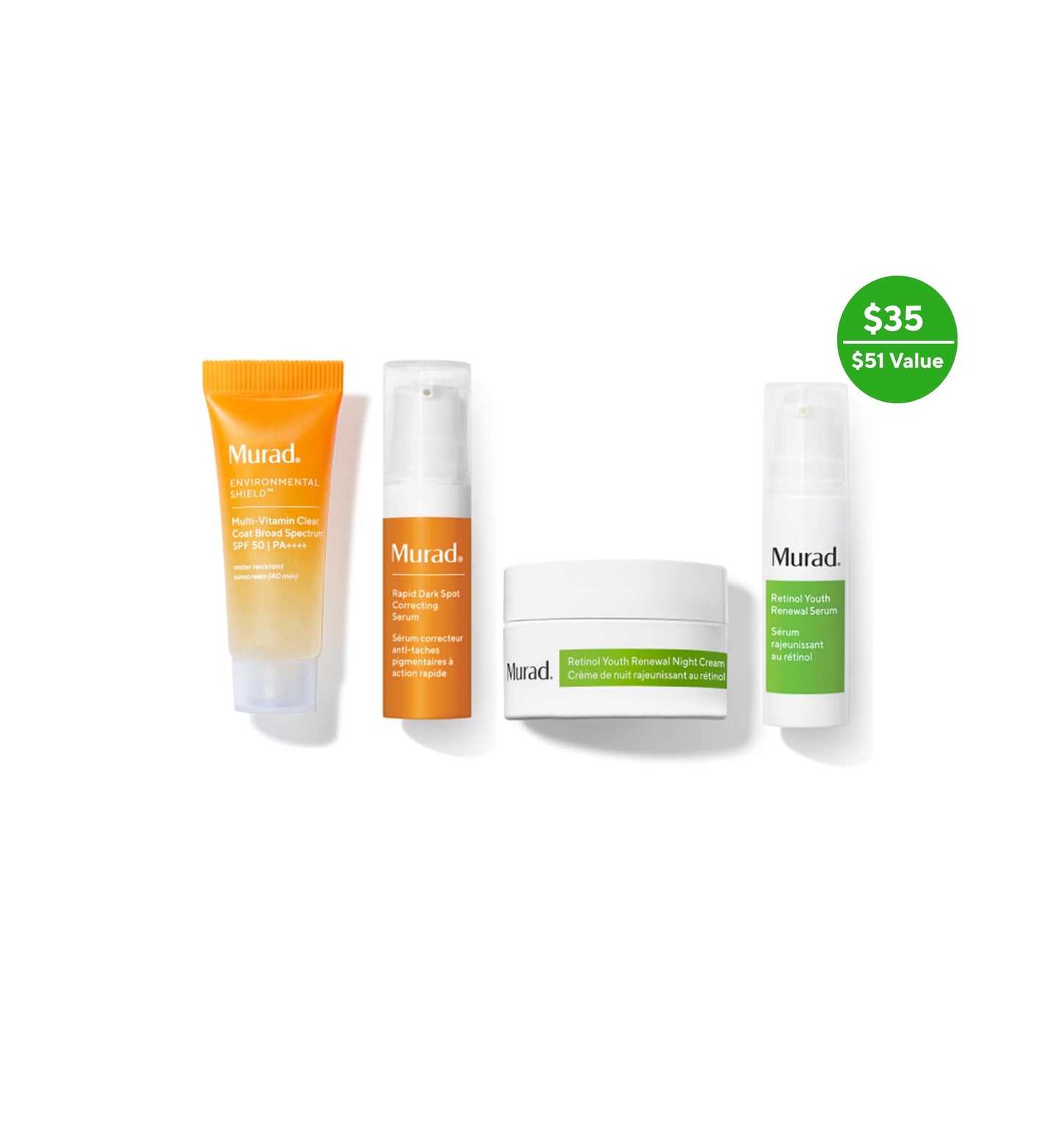 Murad AM/PM Regimen : Health Skin 24/7 - 4 Piece Day & Night Trial Kit - Multi Vitamin Clear Coat SPF 50 0.33Fl Oz, Dark Spot Serum 0.17Fl Oz, Retinol Serum 0.17Fl Oz, Retinol Night Cream 0.25Fl Oz