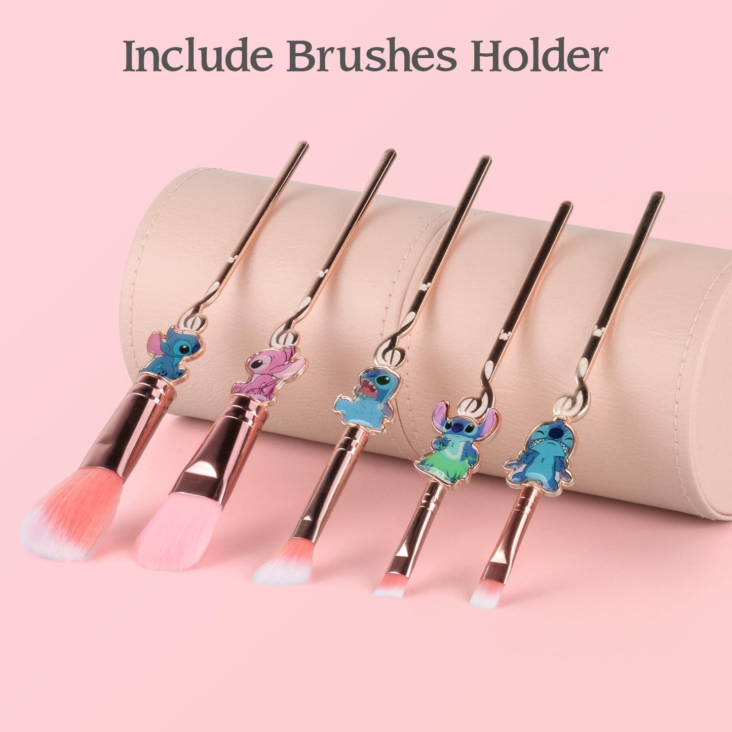 5 Pcs Stitch Makeup Brushes with Brushes Holder, Interstellar Baby Makeup Brushes, Stitch Stuff for Girls and Women(Pink)