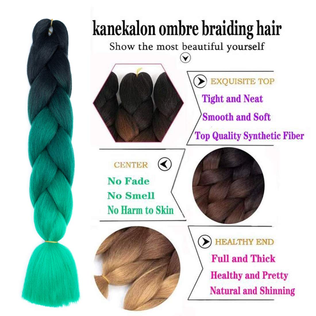 Xiaofeng Braiding Hair Extensions for Women 6 Packs 100g/Pack 24Inch High Temperature Ombre Jumbo Synthetic Braiding Hair for Twist Crochet Braids (24 Inch, black-deep green-green)