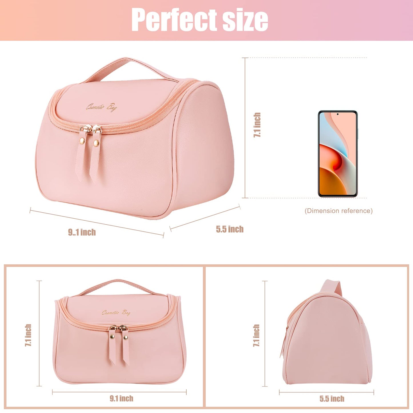 NUFR Large Makeup Bag,PU-Leather Cosmetic Bag,Water-resistant Toiletry Pouch,Portable Travel Essentials Case,Make up Bags for Women Girls (Pink)