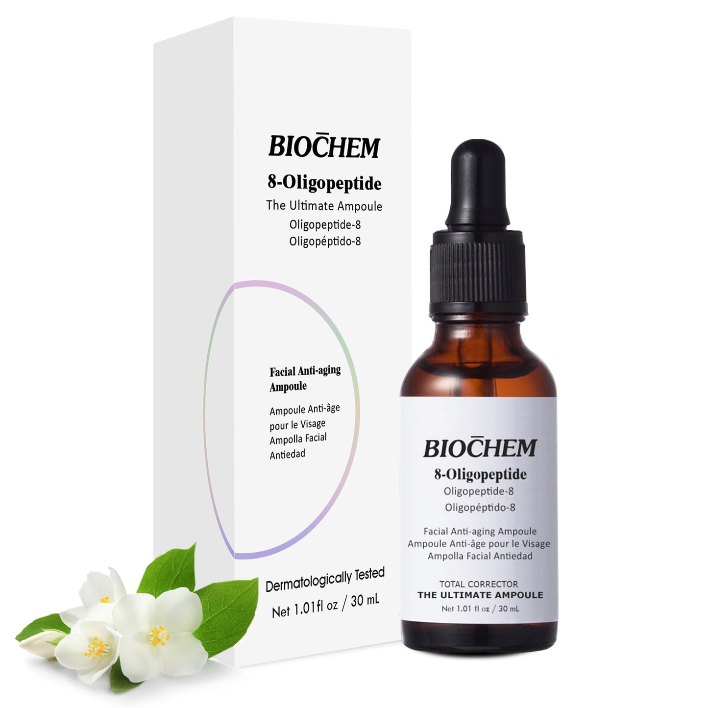 BIOCHEM 8-Oligopeptide Facial Anti-Aging Ampoule - 1.01 fl. oz / 30 ml, Wrinkle Reduction & Skin Firming Ampoule for Hydrating & Lifting