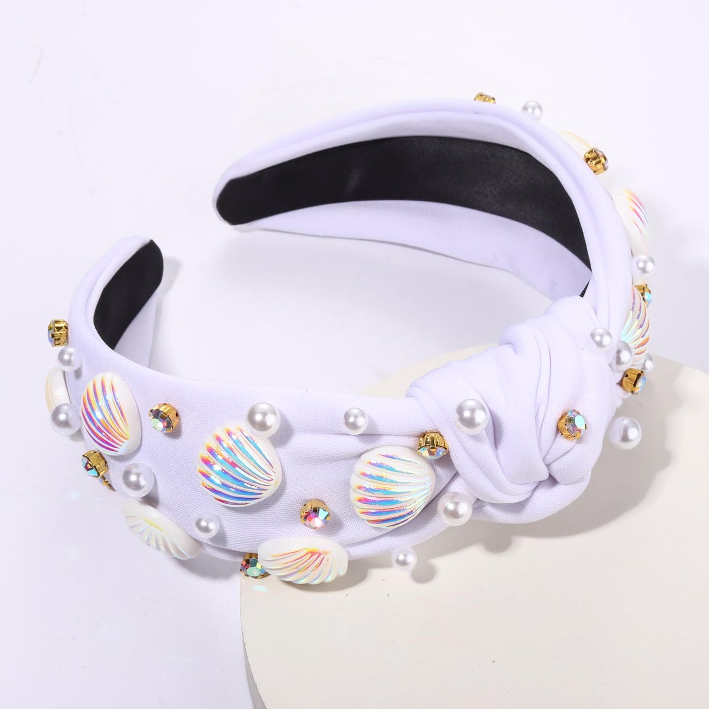 Shell Knotted Headband Pearl Rhinestone Seashell Embellished Knot Headband Boho Spring Summer Tropical Wide Head Band Beach Wedding Hair Accessories Gift for Women Girls