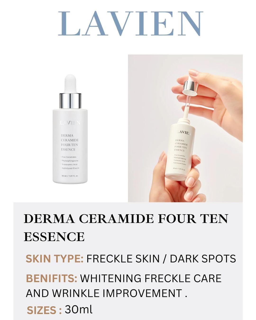 LAVIEN Derma Ceramide Four Ten Essence - Hydrating Korean Facial Essence with tranexamic acid - Wrinkle & Skin Texture Improvement Skincare - Suitable for All Skin Types - 1.01 fl. oz. 30ml