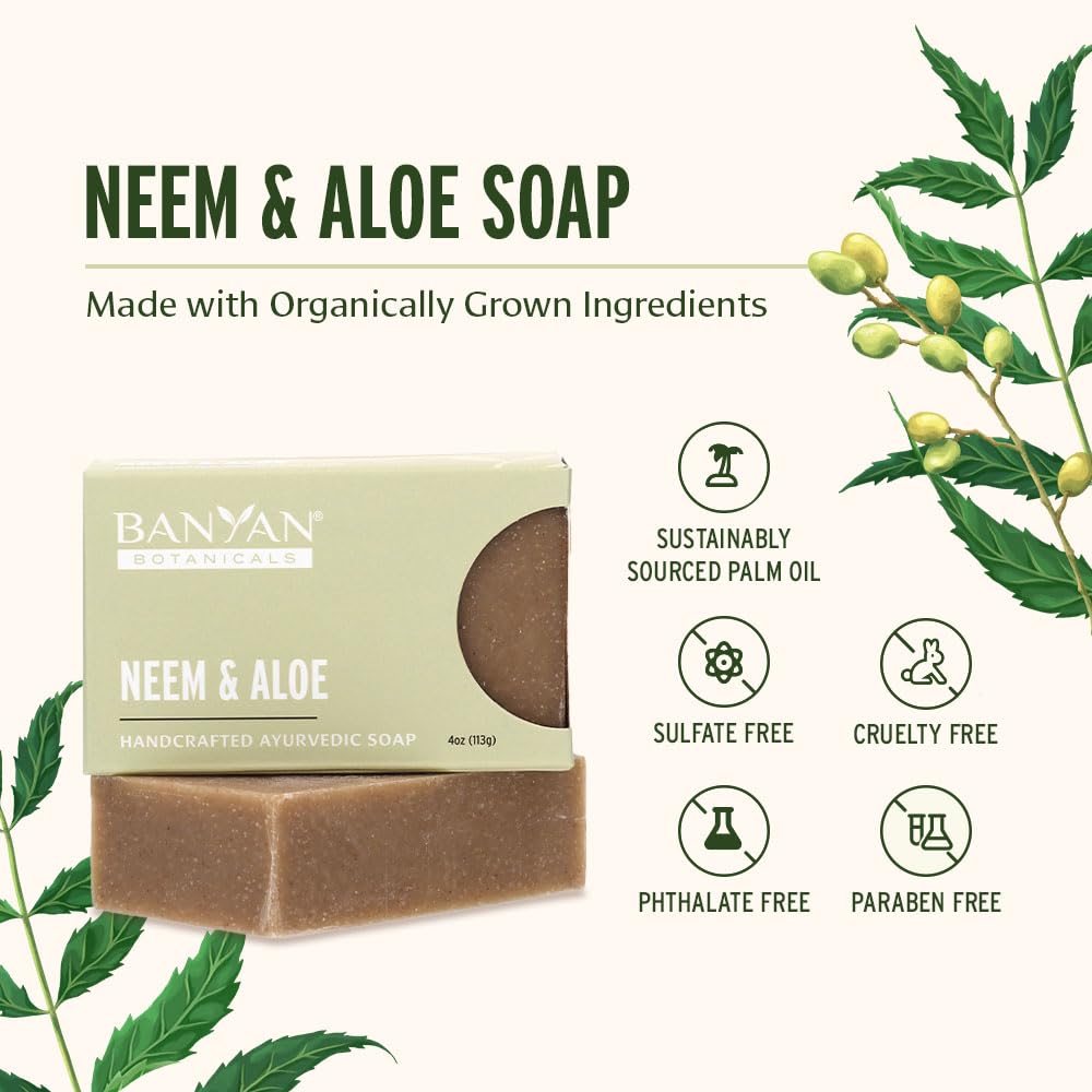 Banyan Botanicals Neem & Aloe Soap – Calming and Soothing Soap for Sensitive Skin – With Organic Neem Leaf, Aloe Vera, and Vetiver Essential Oil – 4 oz Bar – Free of Sulfates, Phthalates & Parabens