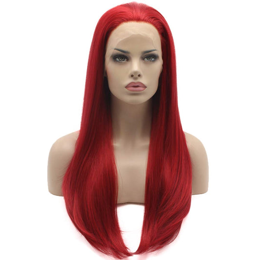 Lushy Beautiful Straight Long Red Half Hand Tied Heat Friendly Heavy Density Synthetic Lace Front Wig