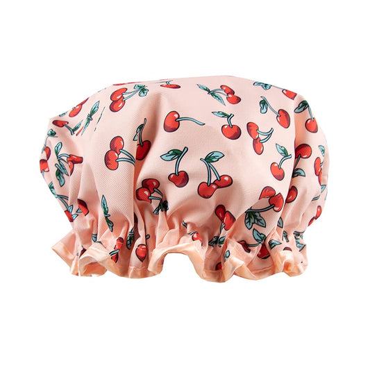 The Vintage Cosmetic Company Cherry Shower Cap, Lightweight and Elasticated Waterproof Cap, Keeps Hair Dry and Frizz Free, Reusable Shower Cap for Women, Retro Cherry Design