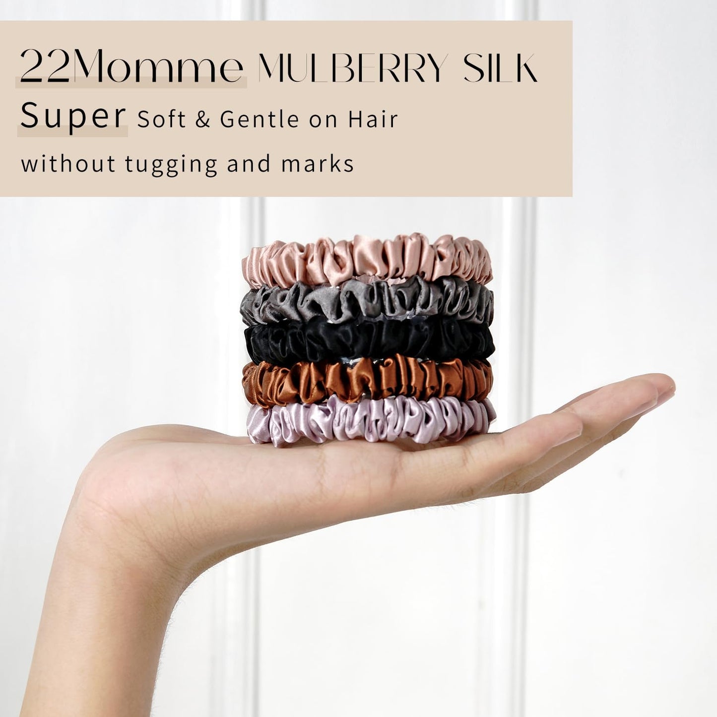 ZIMASILK 22 Momme 100% Pure Mulberry Silk Skinny Scrunchies for Women Hair Care, Hair-Friendly & Luxurious Elastic Scrunchies Set (5 Scrunchies)