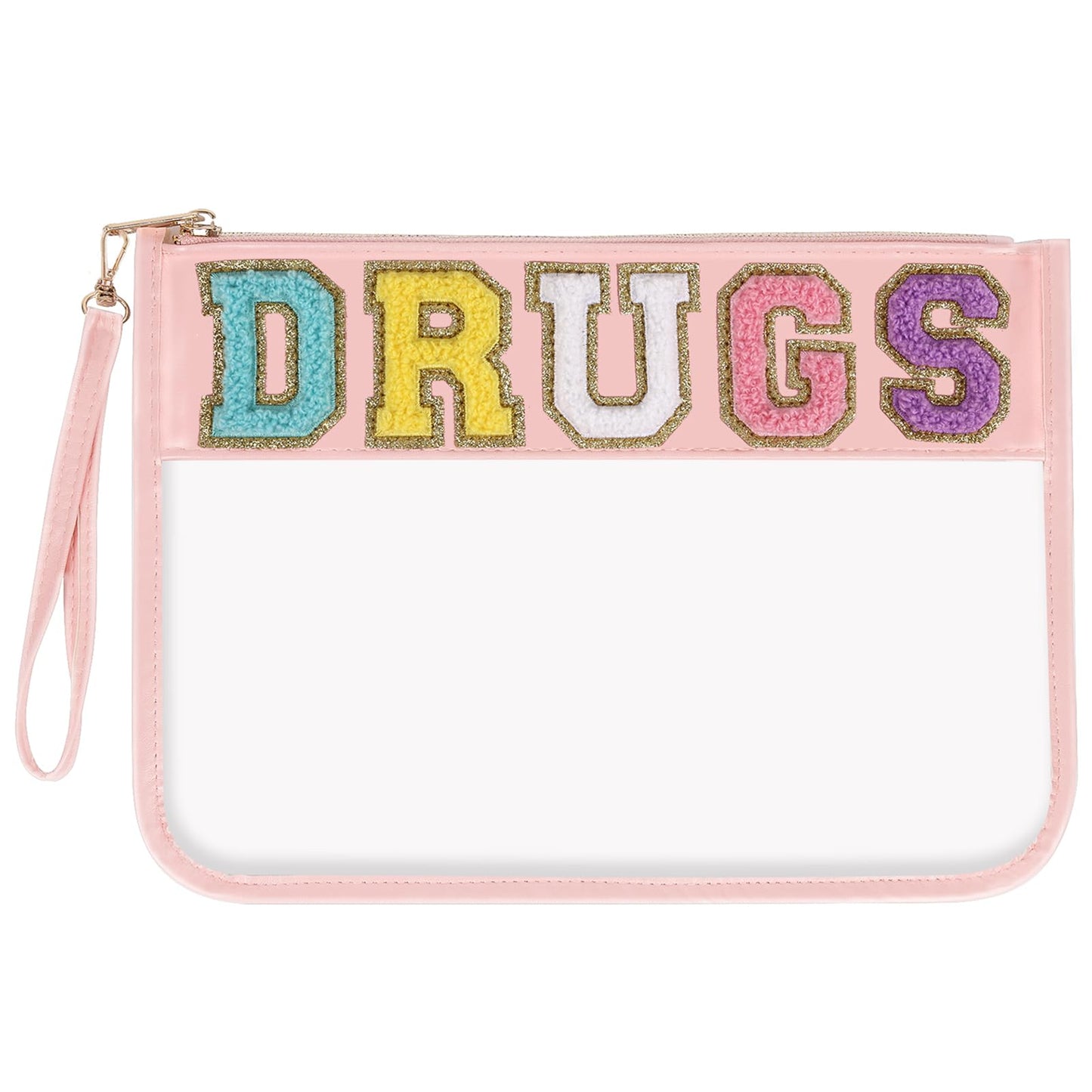 Chenille Letter Clear Bag DRUGS Makeup Pouch, Waterproof Medicine Bag for Traveling Preppy Zipper Pouch with Wristlet, Women Portable Small Cute Glitter Preppy Cosmetic Pouch Toiletry Bag(DRUGS-Pink)