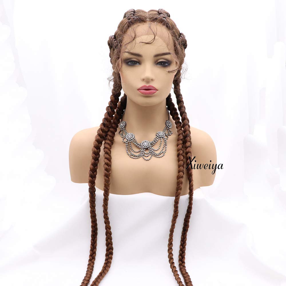 xiweiya Long 36" Braided Wigs 4 Braids Cornrow Wig Strawberry Blonde Wig Synthetic Copper Brown with Baby Hair for Women Cosplay Party