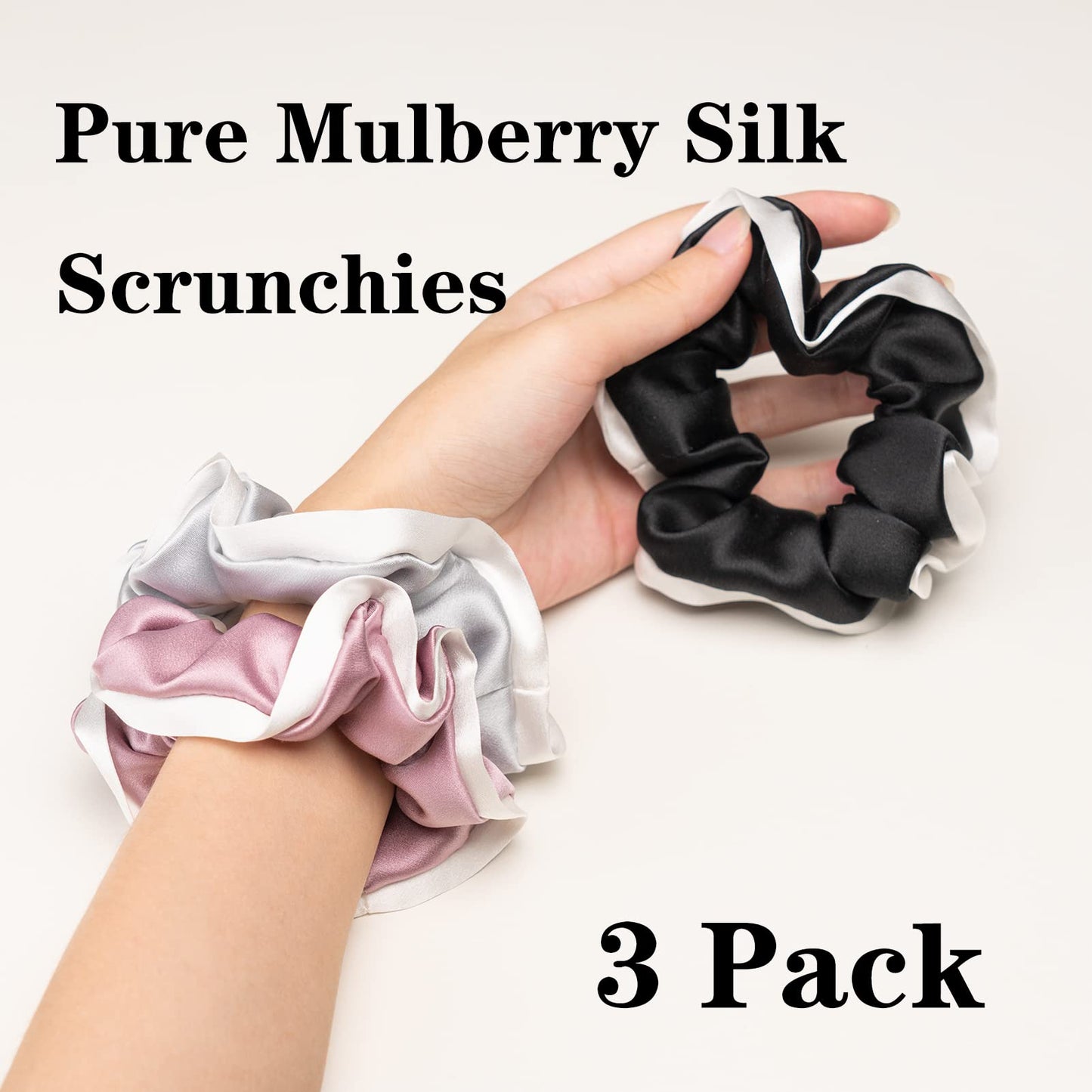 Silmer Silk Scrunchies for Hair Bicolor Silk Hair Tie 100% Mulberry 3 Pack(Silvery Grey, Pale Mauve, Black)