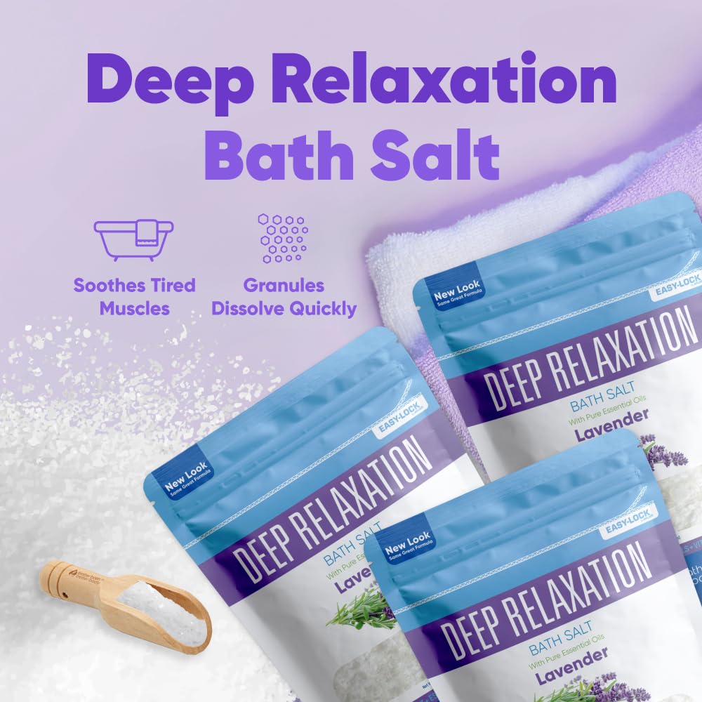 Deep Relaxation Bath Salt (3-Pack Plus Scoop) Relaxing Bath Soaks with Pure Essential Oils in BPA Free Pouch with Press-Lock Seal Made in USA, 3-Pack of 2-lbs, 6-lbs Total with Bamboo Scoop