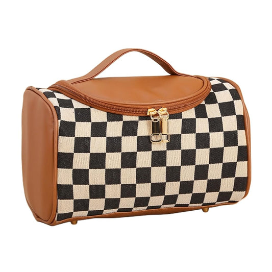 Waztyuk Checkered Makeup Bag Travel Purse Toiletry Bag Women Cute Cosmetic Case Portable Hanging Organizer for Essentials (Brown)