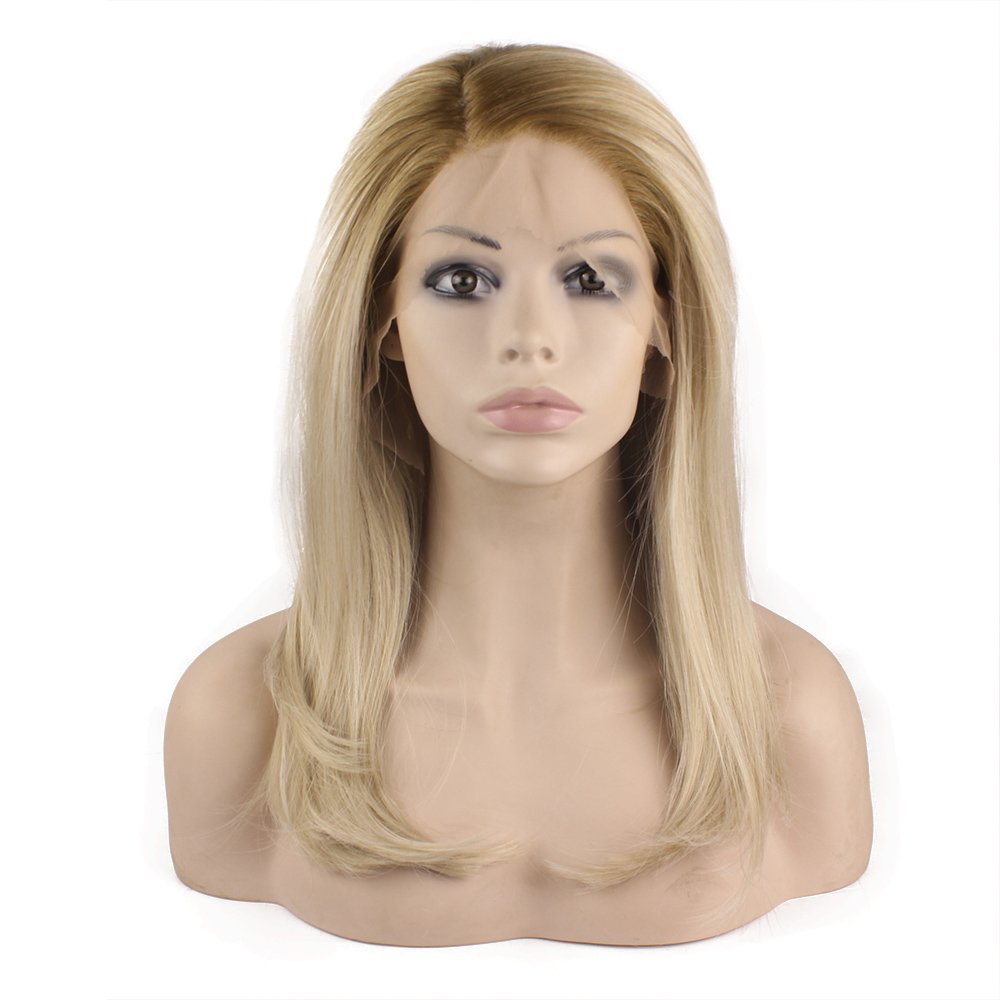 Mxangel Mid Length Straight Heat Resistant Dark Root Blond Synthetic Lace Front Wig