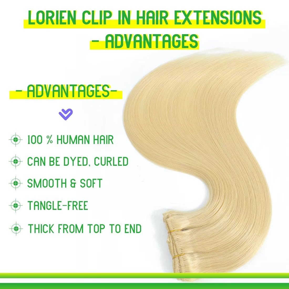 LORIEN 20 Inch Blonde Clip in Hair Extensions Real Human Hair 80g Clip in 100% Human Hair Extensions 8pcs Per Set with 18Clips Double Weft #613 Blonde Color