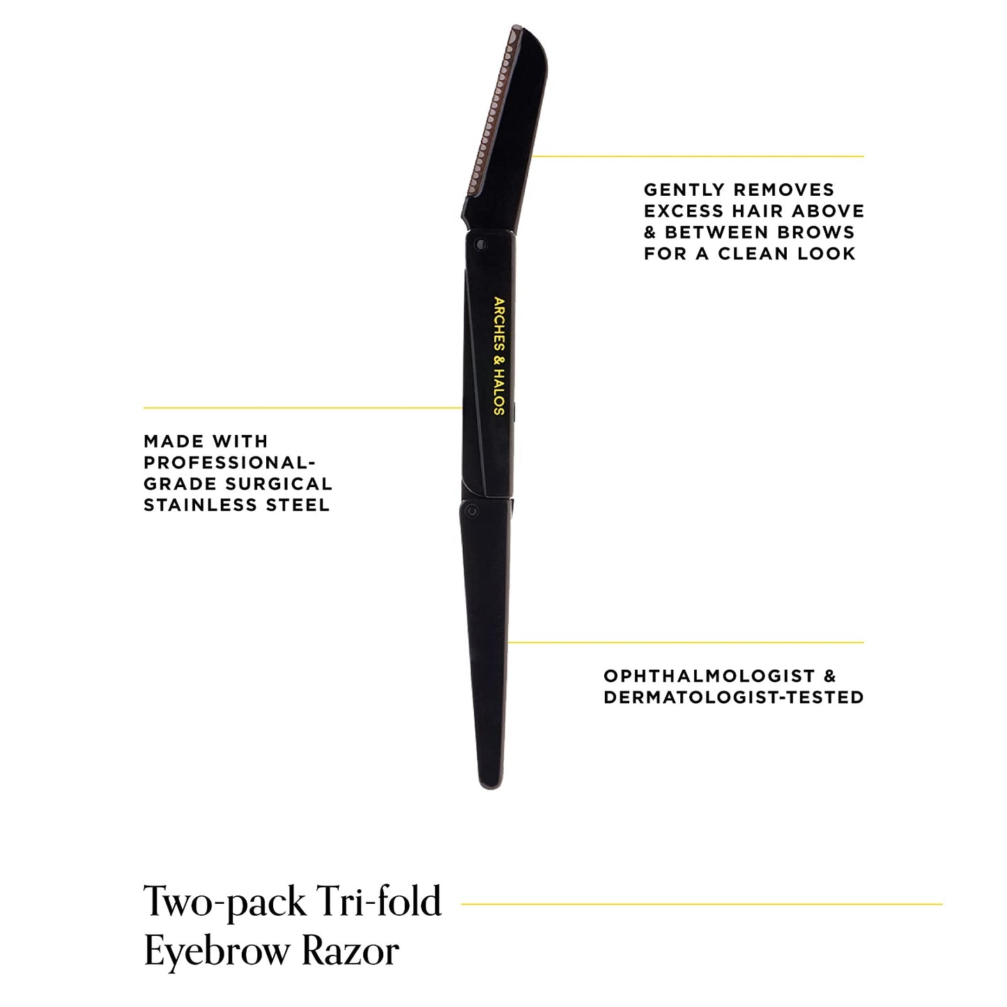 Arches & Halos Two Pack Tri-Fold Brow Razor - Remove Unwanted Hair and Precisely Shape Brows - Soften Skin Without Irritation - Ophthalmologist and Dermatologist Tested - 2 pc (Pack of 3)