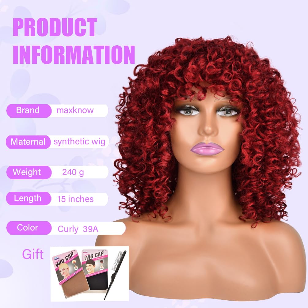 maxknow Curly Wigs for Black Women Fluffy Curly Afro Wig for Women Soft Synthetic Curly Burgundy Wig with Bangs Full Wigs for Women Daily Use (39A Burgundy)