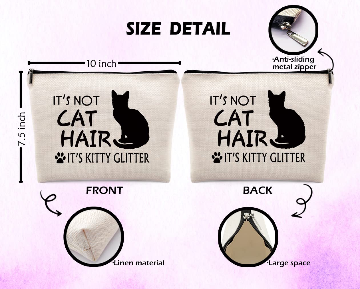 Dwept It's Not Cat Hair It's Kitty Glitter Makeup Cosmetic Bag, Funny Cat Kitty Linen Makeup Travel Toiletry Bag, Cat Lovers Cosmetic Bag Gifts For Cat Moms Cat Owners Women Girls