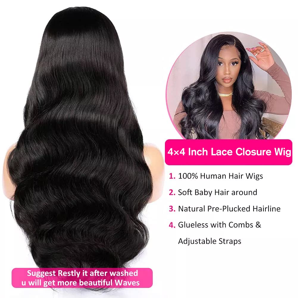 MIMORE 28 Inch Long Body Wave 4x4 Lace Closure Wigs Human Hair Body Wave Wigs With Baby Hair 150% Density Brazilian Virgin Lace Frontal Wigs Wavy Human Hair Body Wave Wig for Black Women