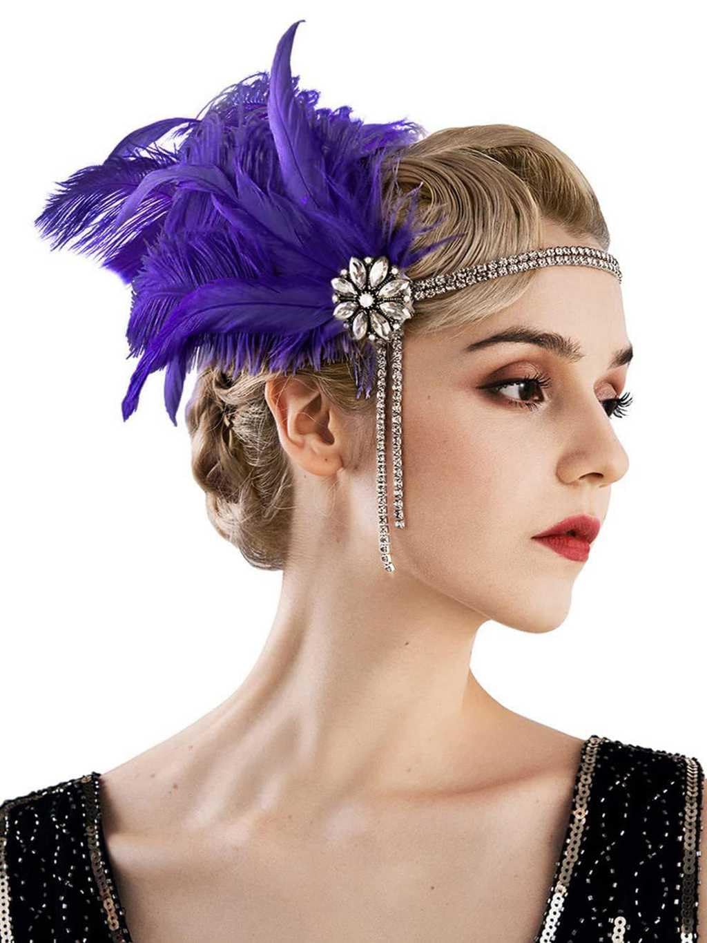 Yunyuebridal 1920s Headpiece Flapper Headband Rhinestone Pearl Feather Hair Band Great Gatsby Headpiece Accessoreis for Women,Purple