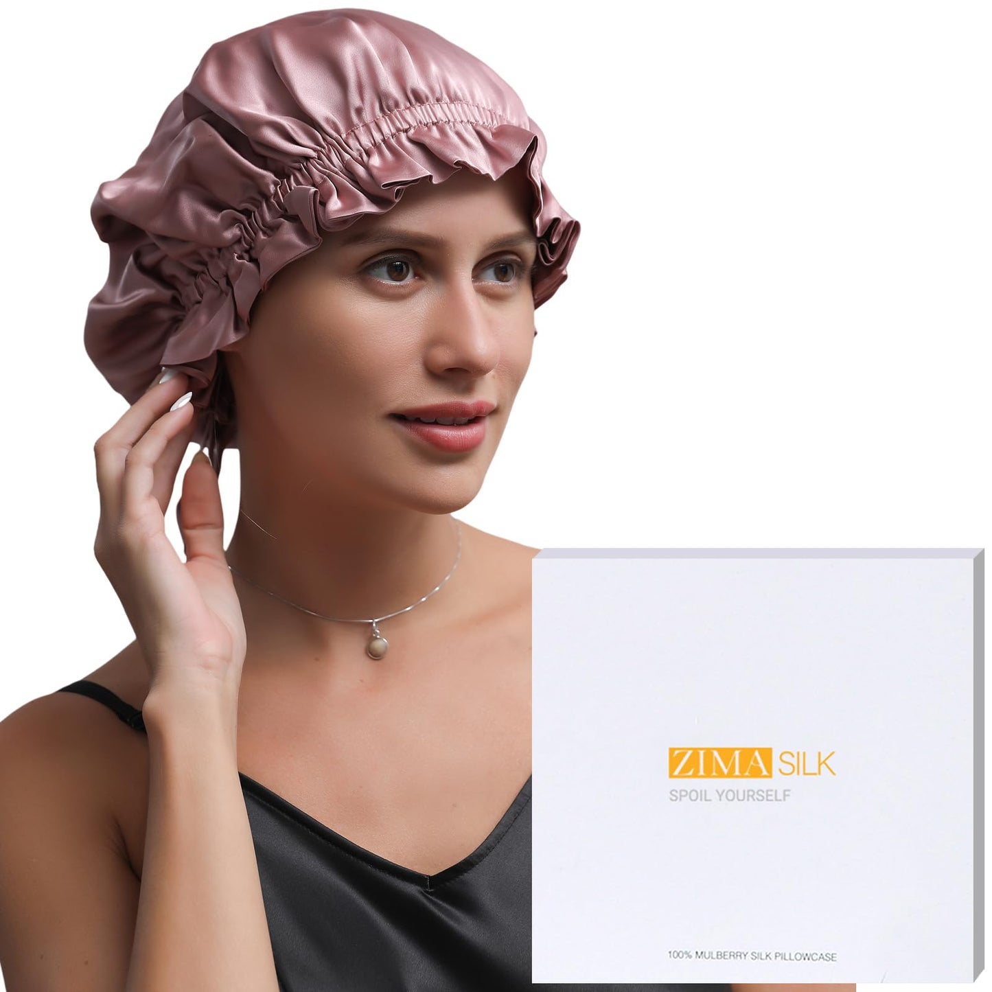 ZIMASILK 100% Mulberry Silk Bonnet for Women Hair Care, Double-Layer Silk, Natural Silk Hair Wrap for Sleeping with Elastic Stay On Head (1Pc, Pink)